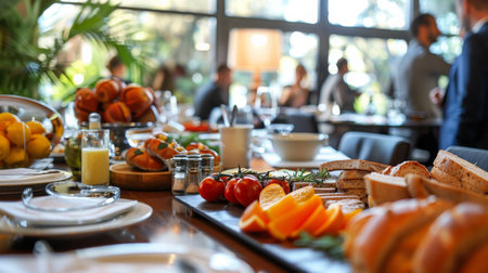 An early morning power breakfast where athletes and businessmen/women plan their strategy for a competitive market.の素材