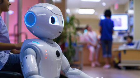 Patients interact with AI-driven health bots for initial symptoms assessment before meeting with a doctor.の素材