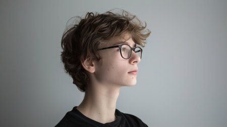 Solo portrait of a confident youth with a minimalist background, highlighting a unique, contemporary style.の素材