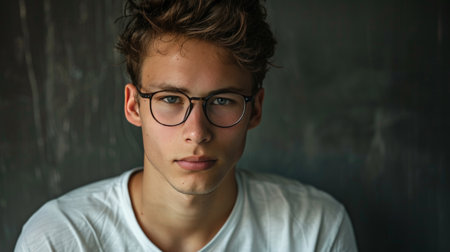 Solo portrait of a confident youth with a minimalist background, highlighting a unique, contemporary style.の素材