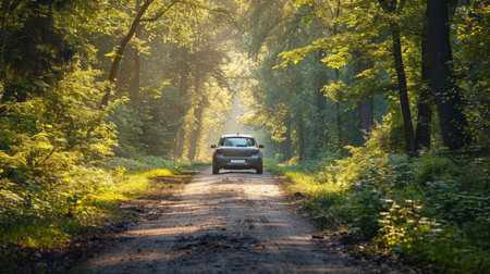 Cruising in an electric car along a country path framed by trees in full, lush foliage.の素材