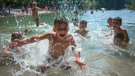 Joyful children splashing in a crystal-clear lake, with their parents cheering from a nearby picnic blanket.の素材