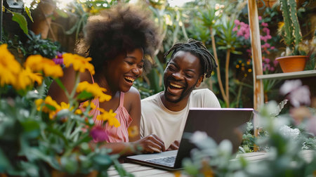 A couple in their garden, laughing over a laptop, delighted by how simple it was to renew their subscriptions.の素材