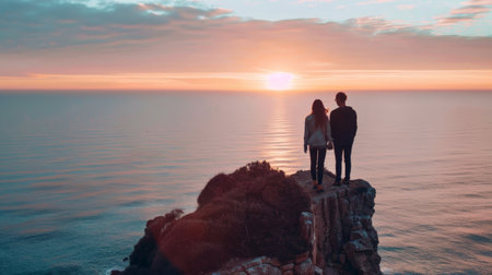 A couple standing hand in hand on a cliff, overlooking the vast ocean, soaking in the majestic sunset.の素材