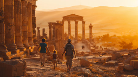 A family exploring ancient ruins, marveling at the history and culture, with the warm sun casting a golden hue.の素材
