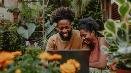 A couple in their garden, laughing over a laptop, delighted by how simple it was to renew their subscriptions.の素材