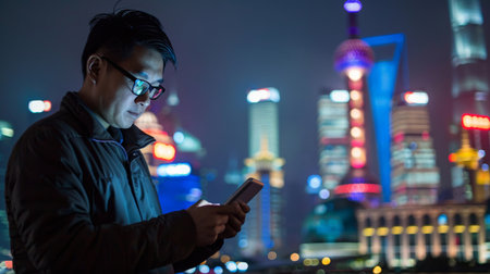 A Chinese financial analyst consults interactive digital graphs on a tablet, strategizing in front of the smart city's glowing financial district.の素材