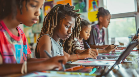 A candid moment of young artists brainstorming over their digital tablets, blending creativity with technologyの素材
