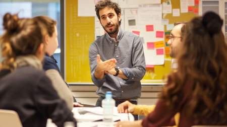 A group brainstorming session, one member standing to passionately convey an idea, showing leadership and determination.の素材
