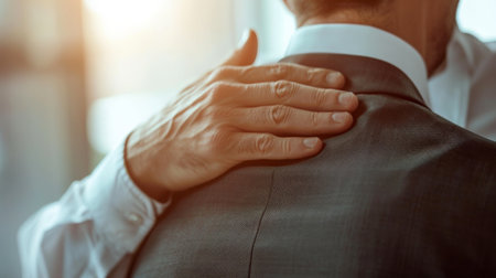 A manager placing a reassuring hand on an employee's shoulder, offering support amidst a challenging project.の素材