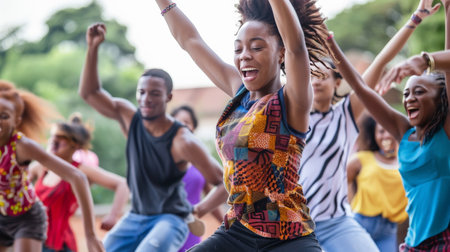 A lively dance session among young people, captured in mid-motion, celebrating expression and movement.の素材