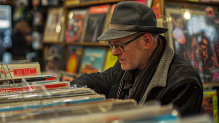 A man enjoying a leisurely afternoon shopping for vintage records, surrounded by colorful album covers.の素材