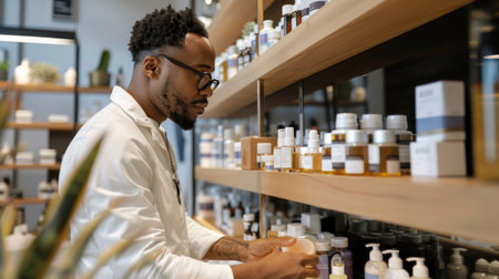 A man treating himself to luxury skincare products in a store that champions self-care and wellness.の素材