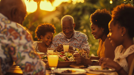 A multigenerational family sharing a meal outdoors on a summer evening, the setting infused with warm, inviting tones.の素材