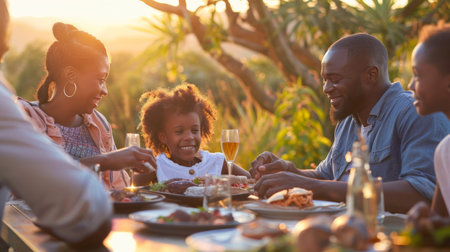 A multigenerational family sharing a meal outdoors on a summer evening, the setting infused with warm, inviting tones.の素材