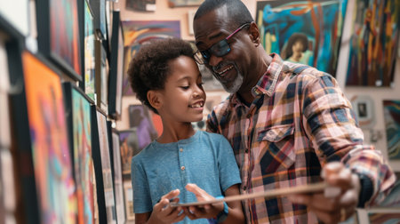 Father and son sharing a moment while selecting vibrant art pieces for their home in a local gallery.の素材