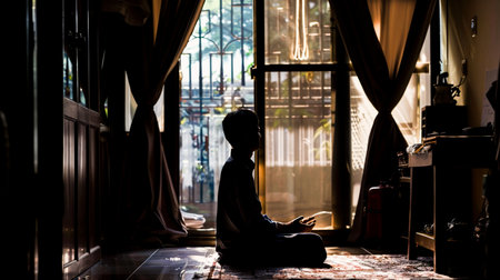 A quiet moment of an individual performing Tahajjud, the night prayer, in the solitude of their room, highlighting personal reflection and spirituality.の素材