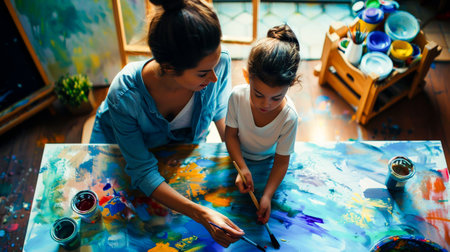 A mother and her child painting together, their canvas a riot of colors and shared creativity.の素材