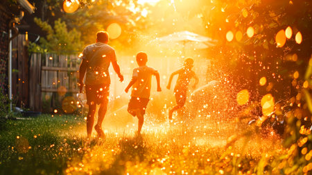 A playful chase through a garden after a summer shower, the setting sun casting a golden light on the joyous family moment.の素材
