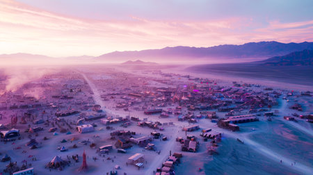 A mesmerizing bird's-eye view of Burning Man, with art installations and camps sprawling across the Nevada desert at dusk.の素材