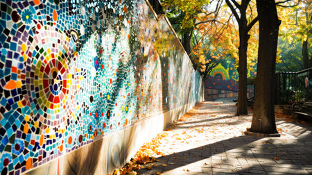A mosaic wall in a sunlit courtyard, its tiles a kaleidoscope of colors, inviting onlookers to dream in technicolor.の素材