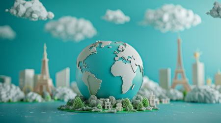 Artistic interpretation of a geography lesson with a 3D globe and landmarksの素材