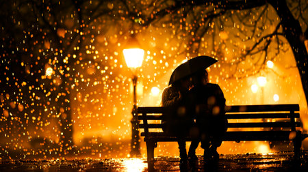 Young love blossoming on a rain-soaked bench, enveloped in the golden glow of a nearby lamp, their whispers mingling with the rain.の素材