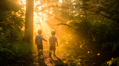 Young adventurers exploring a misty forest, the golden rays of the setting sun piercing through the canopy, turning raindrops into glitter.の素材
