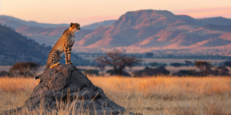 A cheetah poised on a termite mound, surveying the vast savanna, the panoramic view encompassing the vibrant colors of the setting sun against the mountains.の素材