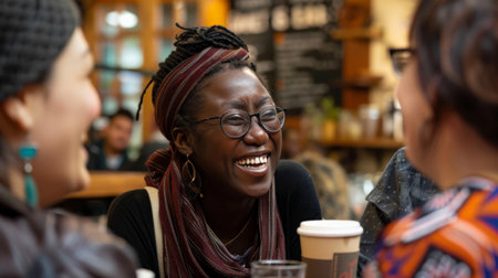 A candid moment of laughter shared between friends from different cultural backgrounds at a local coffee shop, their genuine smiles reflecting the universal language of joy.の素材