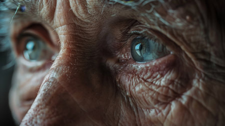 A close-up of an elderly man's eyes, with the reflection in his pupils showing a fragmented and incomplete picture, hinting at the distorted reality faced by those with dementia.の素材