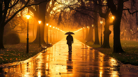 A solitary figure walking through a misty park at dusk, the path lit by golden streetlights reflecting on the wet pavement.の素材