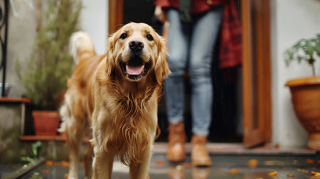 A heartwarming encounter of a person coming home to an exuberant welcome from their dog, capturing the unconditional love and excitement pets offer.の素材