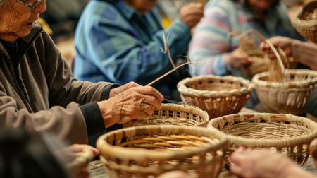 A lively community workshop where participants learn to weave baskets, the focus and interaction among the group highlighting the communal aspect of crafting.の素材