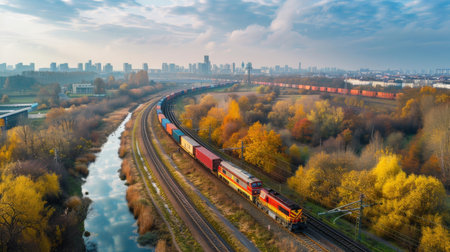 A panoramic view of a modern freight train winding through a landscape, bridging cities and countries with its valuable cargo.の素材