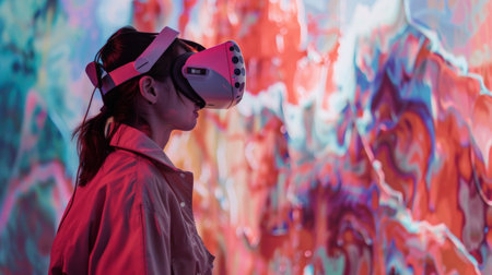 An artist creating three-dimensional art using VR technology, their movements fluid as they sculpt and paint in the virtual space.の素材