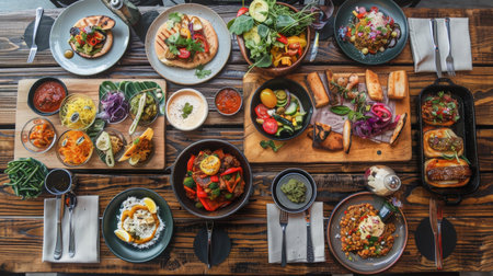 A rustic wooden table set with a spread of vegetarian tapas, each dish a testament to the rich flavors and textures achievable without meat.の素材