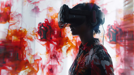An artist creating three-dimensional art using VR technology, their movements fluid as they sculpt and paint in the virtual space.の素材