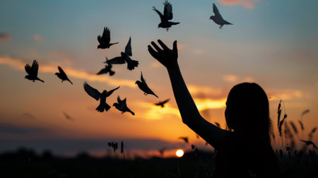 The silhouette of an individual at dusk, birds taking flight from their hands, a powerful metaphor for letting go and finding peace in nature's embrace.の素材
