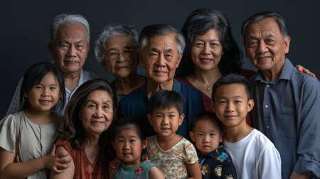 An intergenerational family portrait that celebrates the richness of heritage, with members from the elderly to infants, each face telling a story of tradition and change.の素材