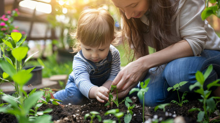 An intimate moment of a parent teaching their child how to plant seeds in a small home garden, nurturing not just plants but also a love for nature.の素材