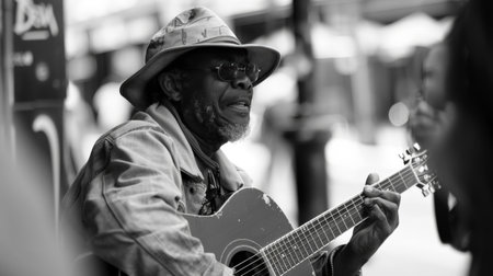 A musician lost in the music, playing on a street corner, their expression one of deep concentration and bliss, disconnected from the hustle around them.の素材