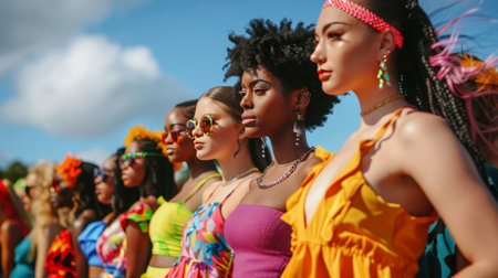 An inclusive fashion show runway, where models of different body types, ages, and ethnic backgrounds proudly display the latest trends, challenging conventional beauty standards.の素材