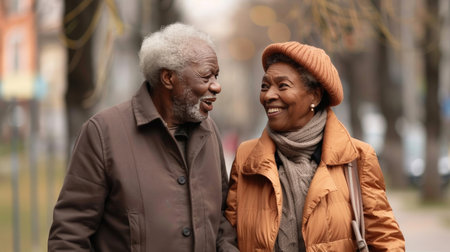 An elderly couple from different ethnicities holding hands while taking a walk, their faces telling a rich story of a life shared and cherished.の素材