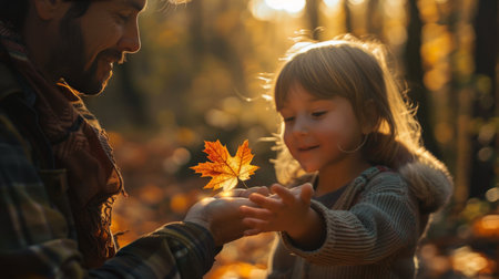 A father gently placing a fallen maple leaf into his daughter's open palm, their faces illuminated by the soft, golden light of autumn, encapsulating the tender bond and the magic of the season.の素材