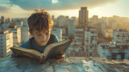 A curious boy on a rooftop, peering over the top of his book at the city around him, drawing parallels between the urban environment and the tales of distant lands and times within his book.の素材