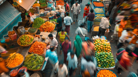 A snapshot of a bustling market, where shoppers and vendors interact in a symphony of colors, sounds, and movements, all caught in a single candid frame.の素材
