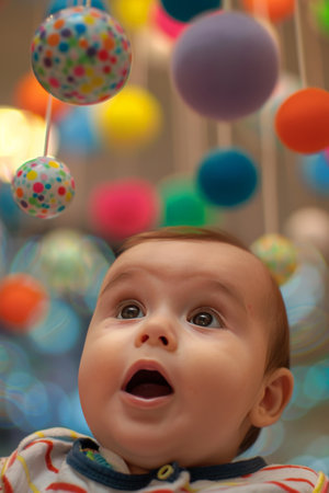 An infant's look of awe, eyes wide and mouth slightly open, as they gaze at a colorful mobile spinning above, enchanted by the movement and colors.の素材