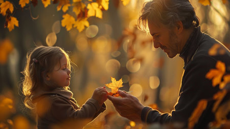 A father gently placing a fallen maple leaf into his daughter's open palm, their faces illuminated by the soft, golden light of autumn, encapsulating the tender bond and the magic of the season.の素材