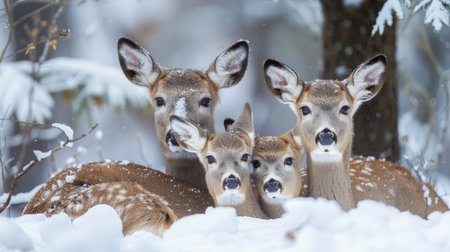 A family of deer huddled together under a canopy of snow-laden trees, their breath visible in the crisp winter air, embodying the quiet resilience of nature.の素材